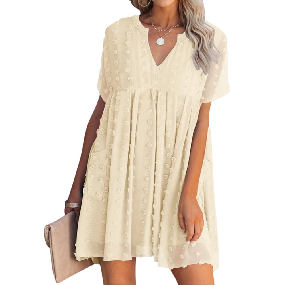 Miholl Women's Cream‎ V-Neck Short Sleeve Swiss Dot Mini Dress Medium